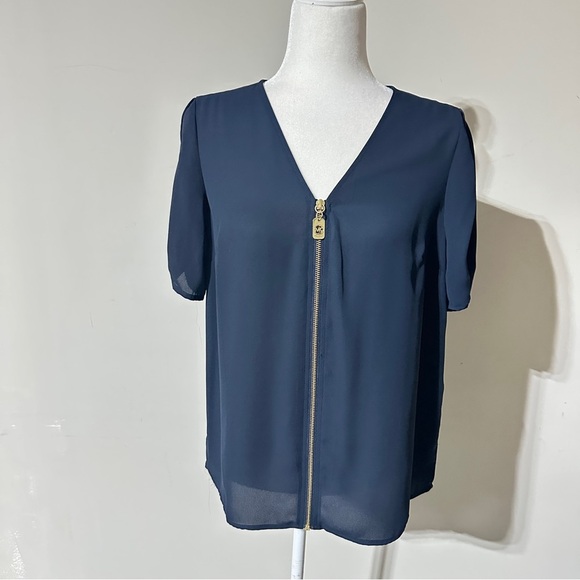 MICHAEL Michael Kors Navy Blue Zip-Front Blouse – Size Small - Picture 1 of 5